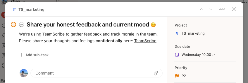 A recurring task in a Todoist team project